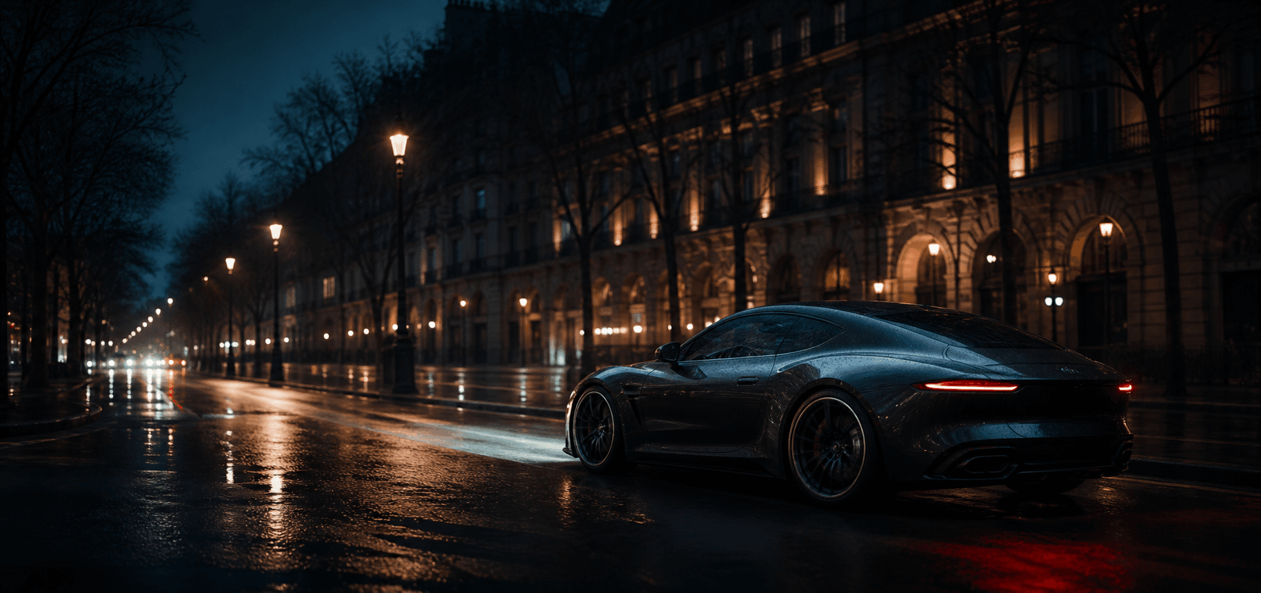 Coupé sombre sur une avenue parisienne éclairée par la pluie